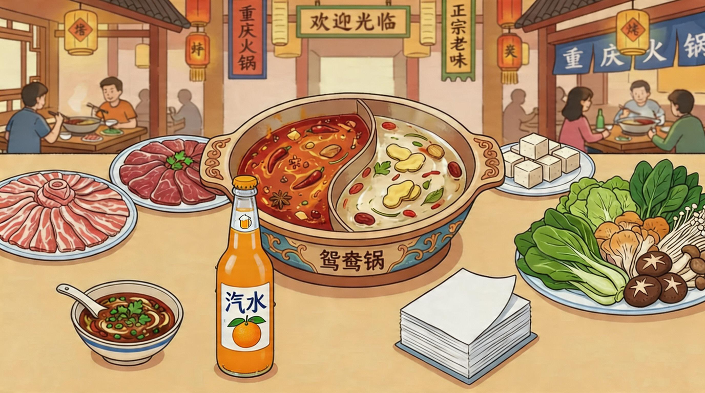 Illustrated preview of a hotpot restaurant in China — interactive scene